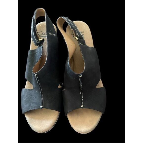 Clarks Womens Black Tan Helio Float Cork Wedge Slingback Sandal Size 8.5 - Picture 1 of 12